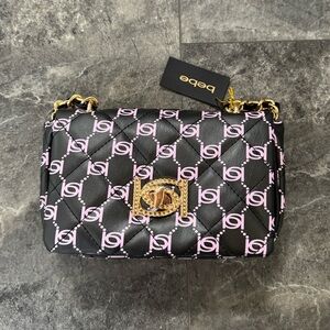 bebe Mini Monogram Crossbody Black And Pink Bag Purse NWT